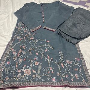 Elegant Embroidered Women's Suit in Blue and Pink organza with silk trouser